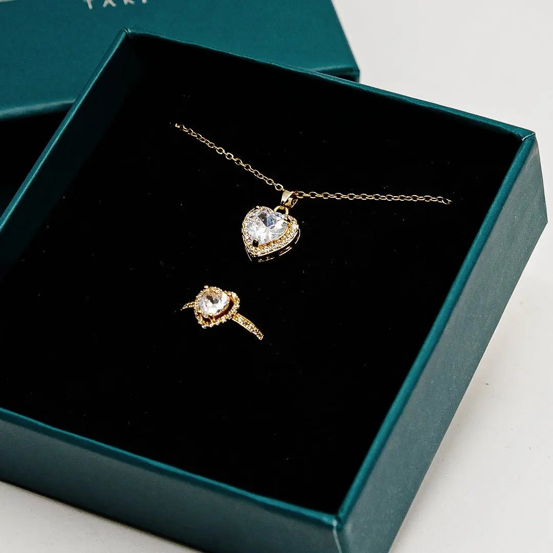 14 AYAR ALTIN KAPLAMA BEYAZ ZİRKON TAŞLI PANDORA KOLYE YÜZÜK SET - Babil Takı